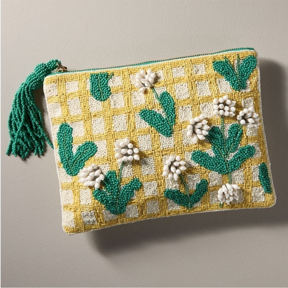 NWT! Anthropologie Yellow Lattice Floral The Fiona Large Beaded Pouch 💎